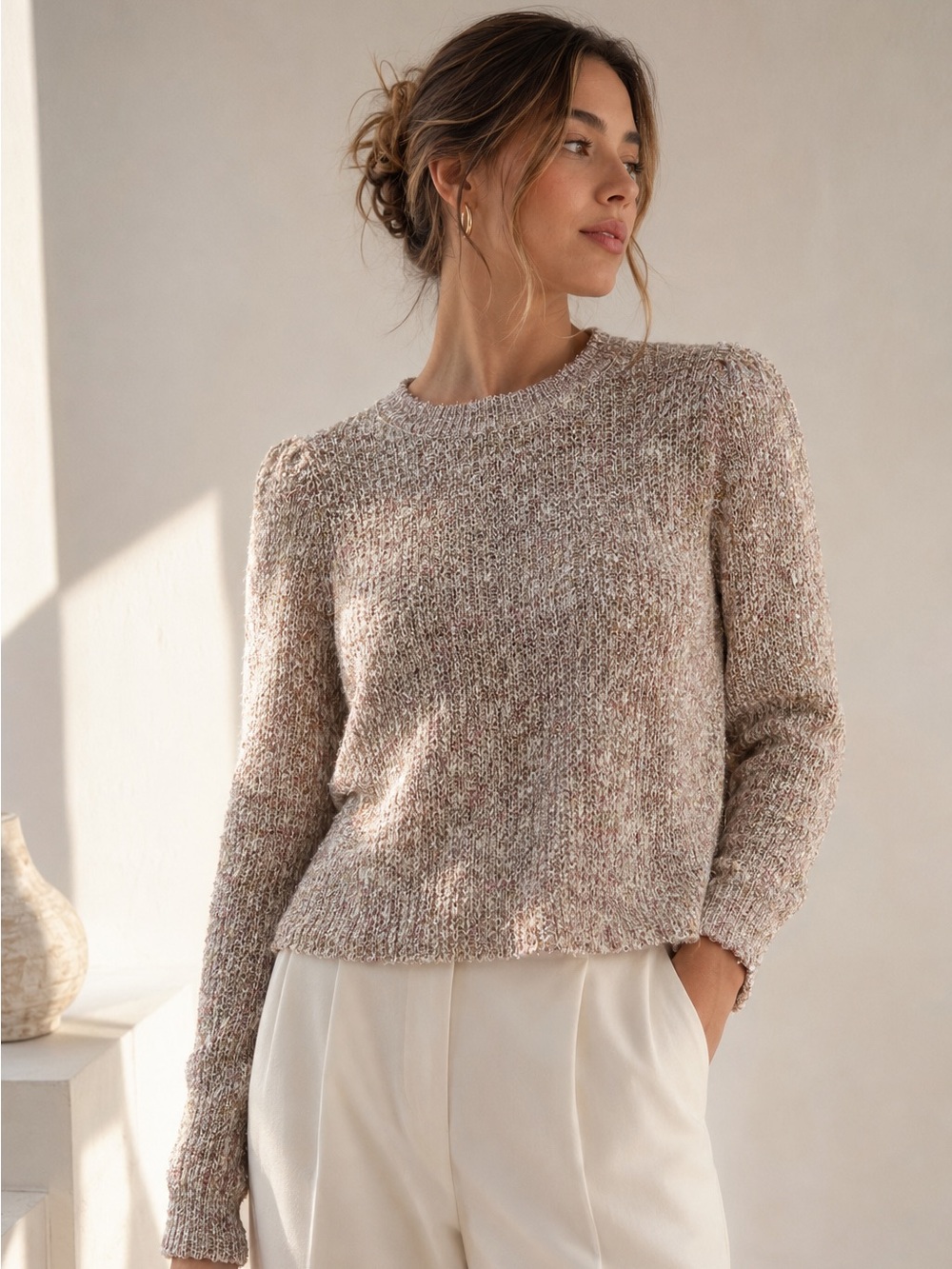 Masscob Metallic Bouclé Knit Sweater Sz Small Raw Hem Puff Sleeve Spain